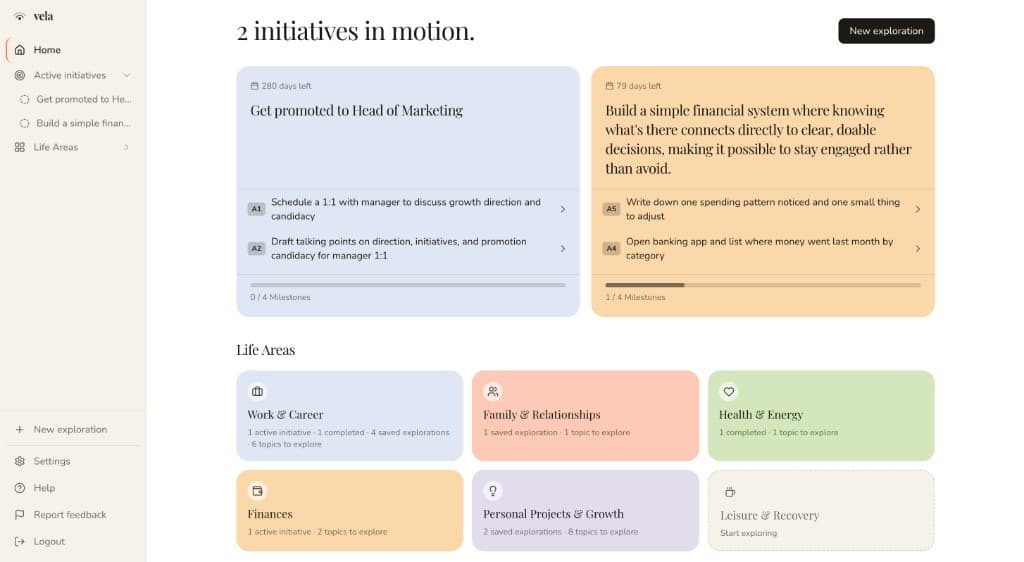 Vela dashboard on desktop